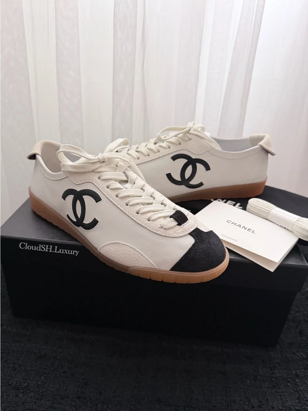 Auth BNIB Chanel CC Logo White Leather Suede Sneakers - Size 38